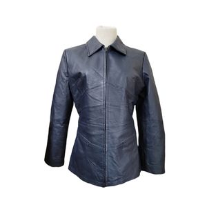 EXCELLED COLLECTION Size M Leather Moto Zip-up Jacket Navy Blue Zip Sleeves